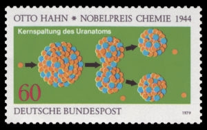 1979 German postage stamp depicting a diagram of splitting uranium atoms