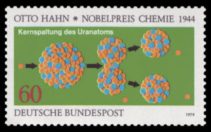 Deutsche Bundespost 1979 German postage stamp depicting a diagram of splitting uranium atoms